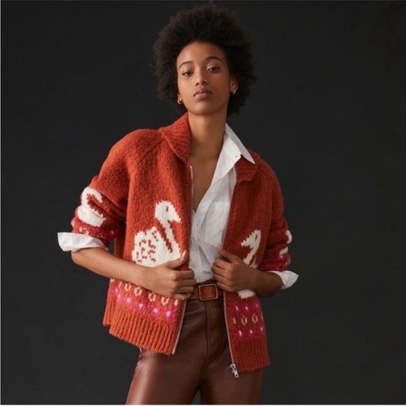 Anthropologie Sweaters - Anthropologie Maeve Rust Orange Knit Cardigan with Swans